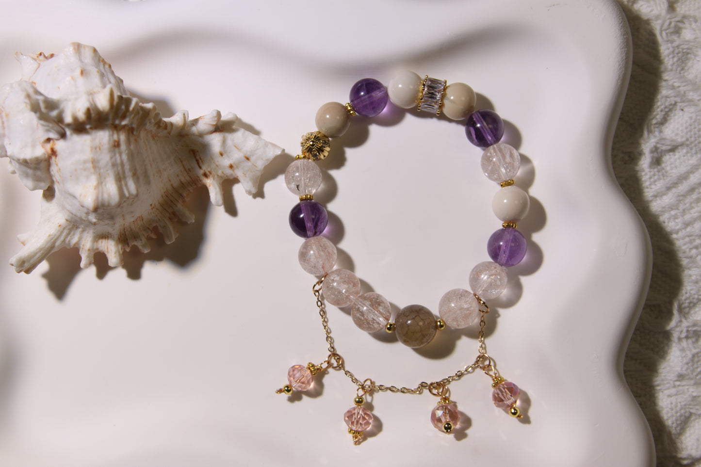 Celestial Bloom Bracelet: A Garden of Inner Harmony[Pink Apatite, Amethyst, Alashan Agate, Clear Quartz]