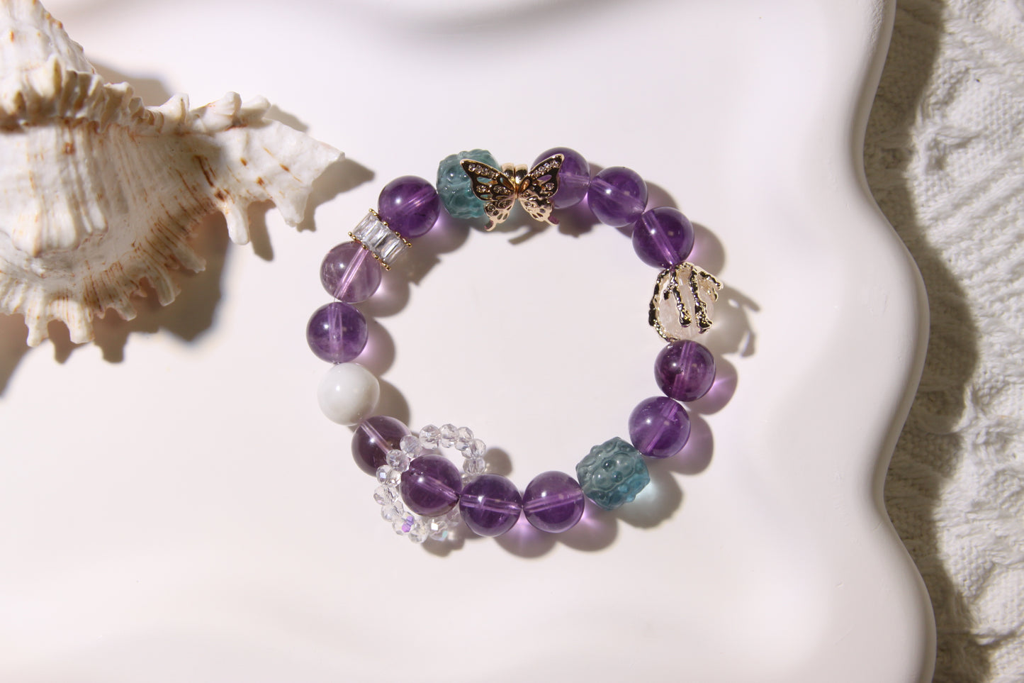 Ethereal Metamorphosis Bracelet: A Symphony of Transformation[Amethyst, Fluorite, Pink Apatite, Alashan Agate]