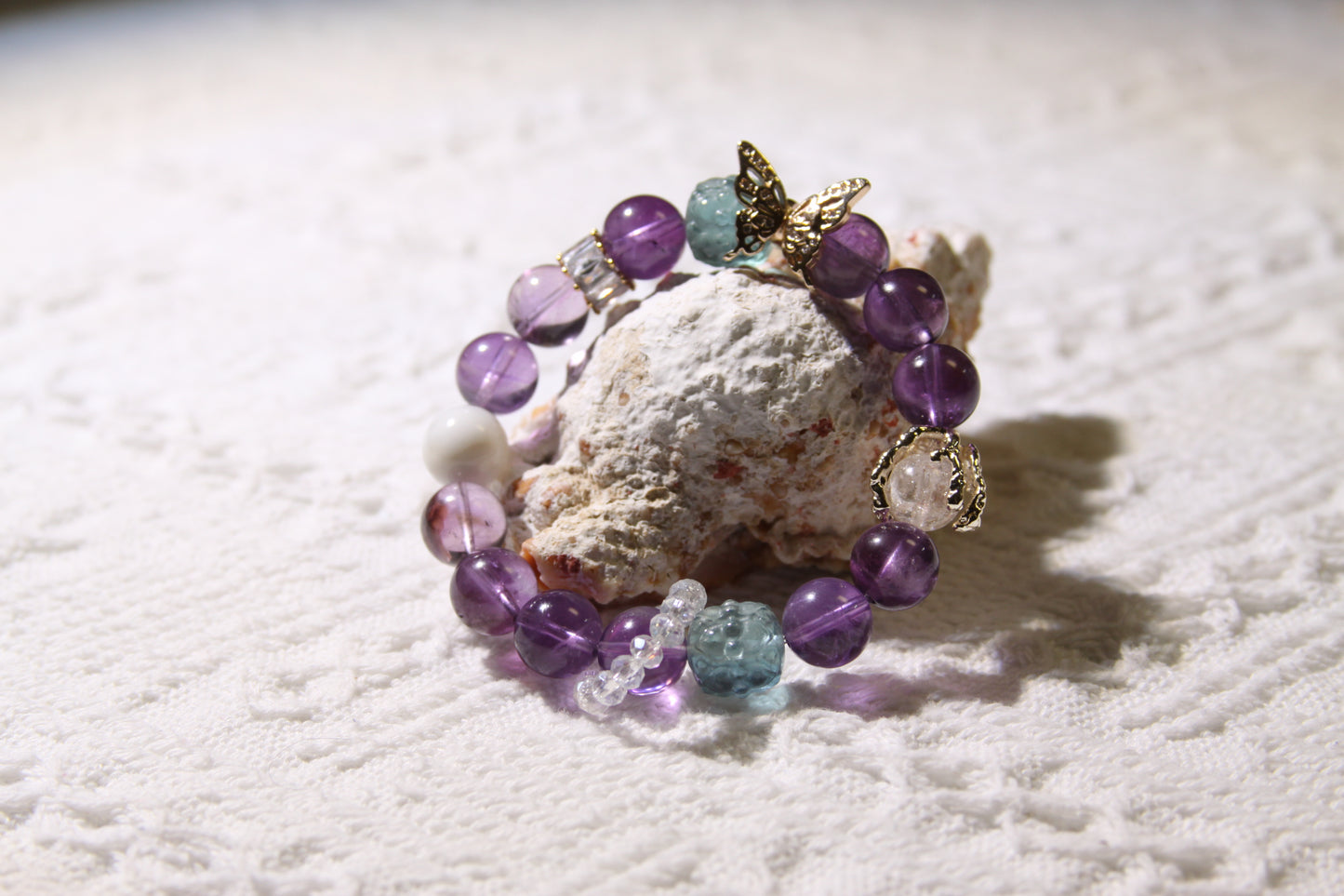 Ethereal Metamorphosis Bracelet: A Symphony of Transformation[Amethyst, Fluorite, Pink Apatite, Alashan Agate]