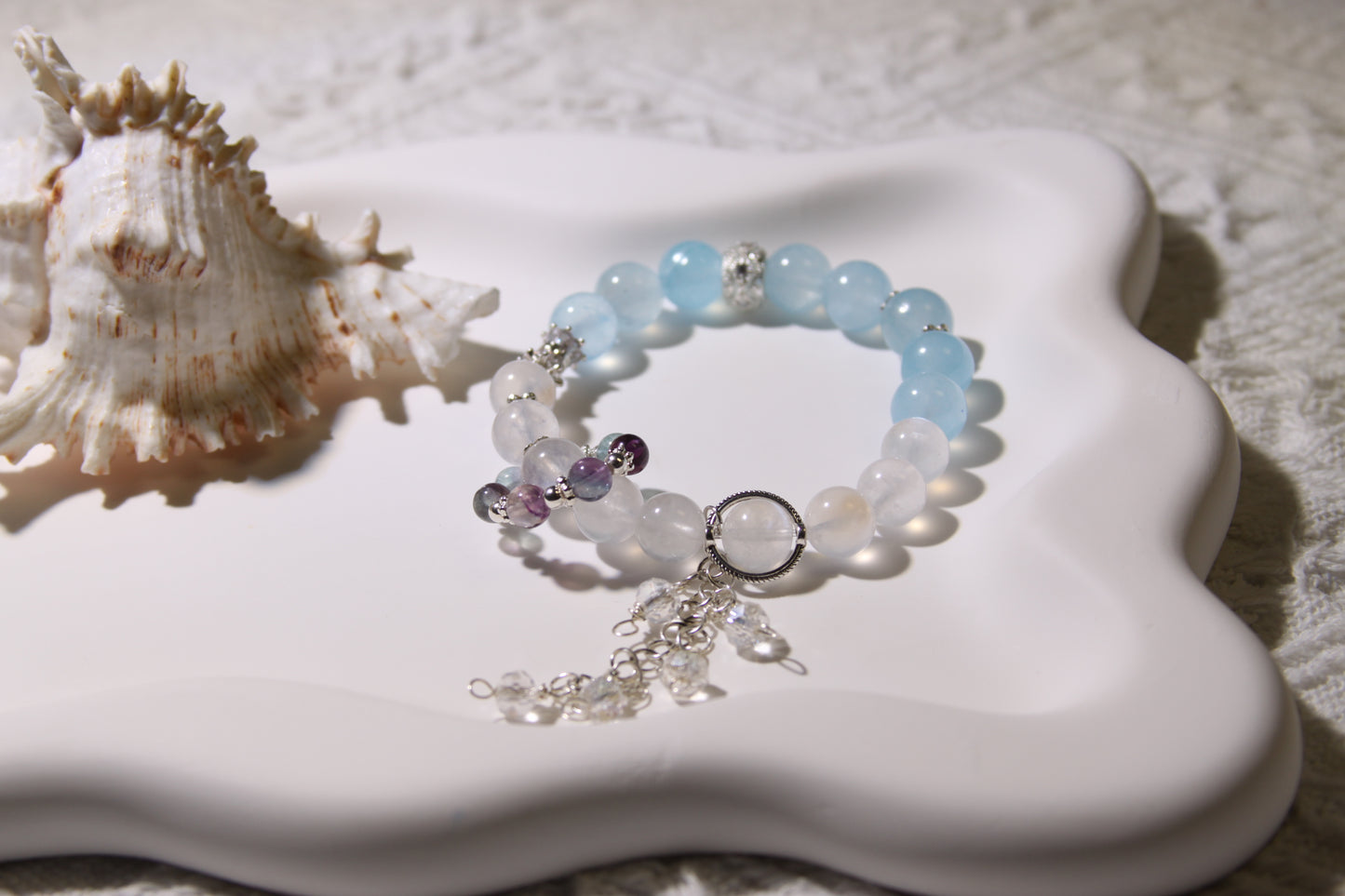 Celestial Serenity Gemstone Bracelet[Blue Moonstone, Aquamarine, Fluorite, White Quartz]