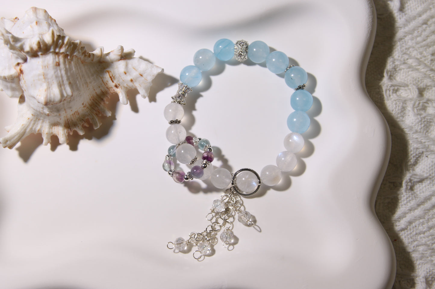 Celestial Serenity Gemstone Bracelet[Blue Moonstone, Aquamarine, Fluorite, White Quartz]