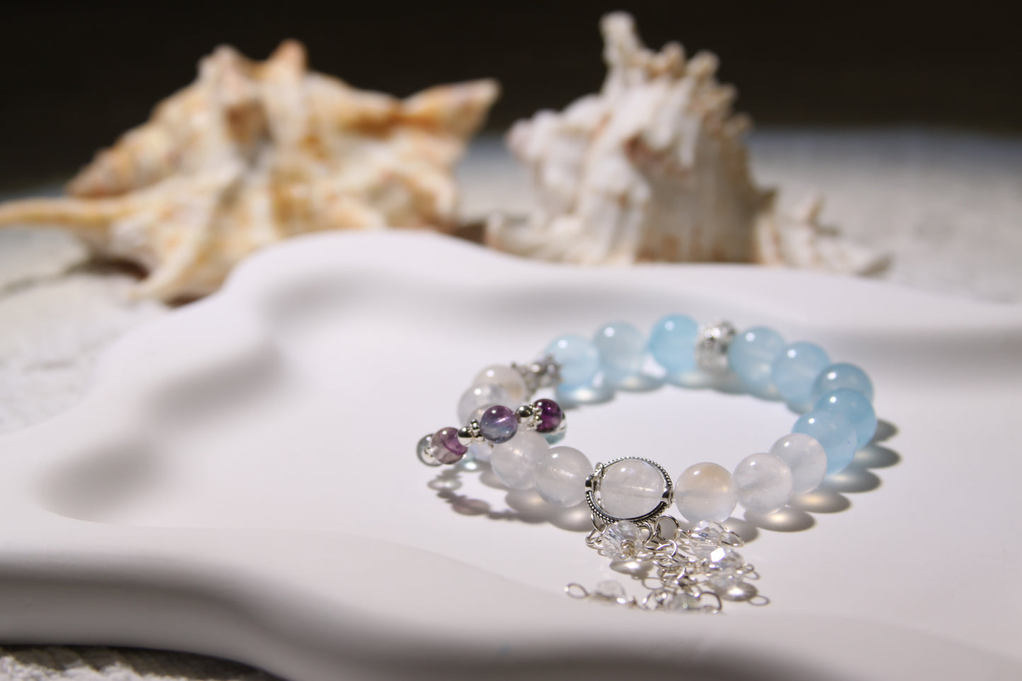 Celestial Serenity Gemstone Bracelet[Blue Moonstone, Aquamarine, Fluorite, White Quartz]