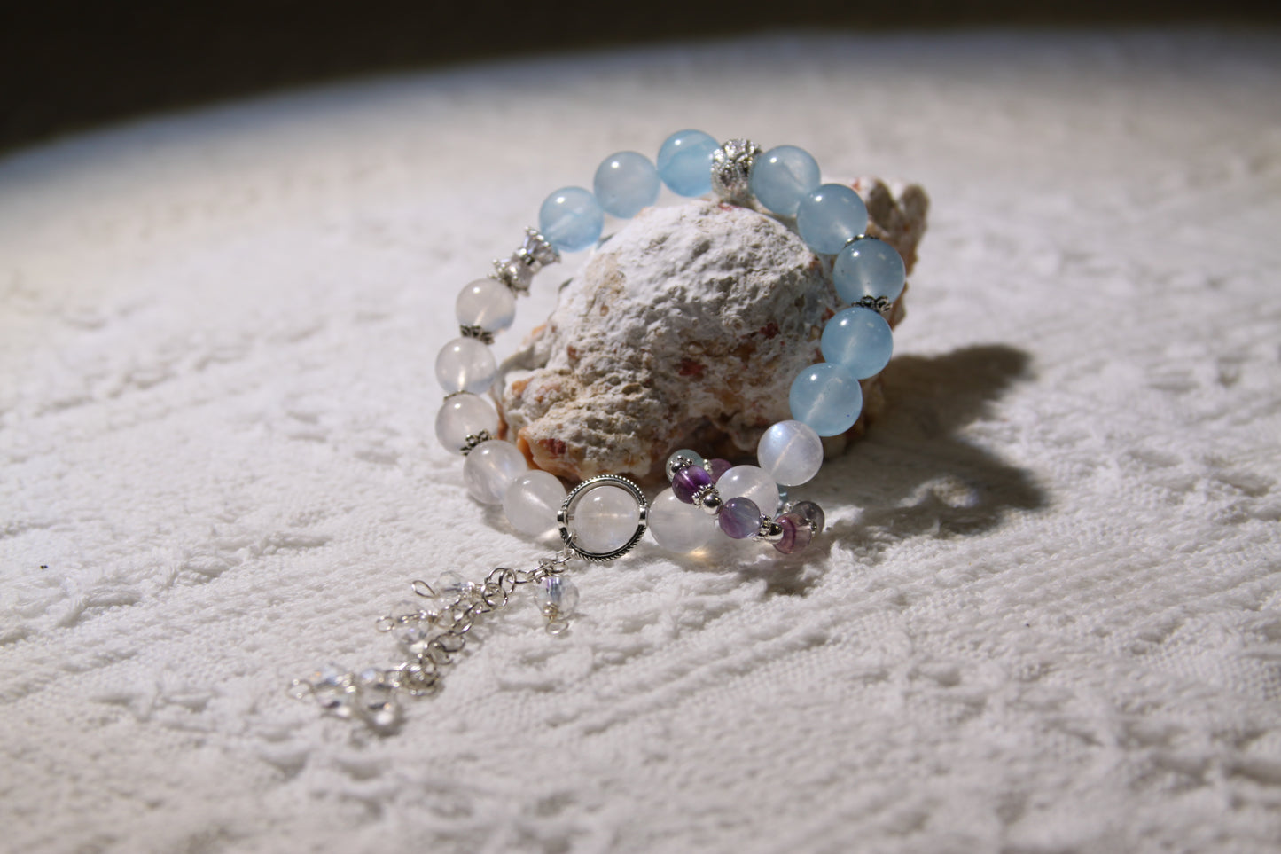 Celestial Serenity Gemstone Bracelet[Blue Moonstone, Aquamarine, Fluorite, White Quartz]