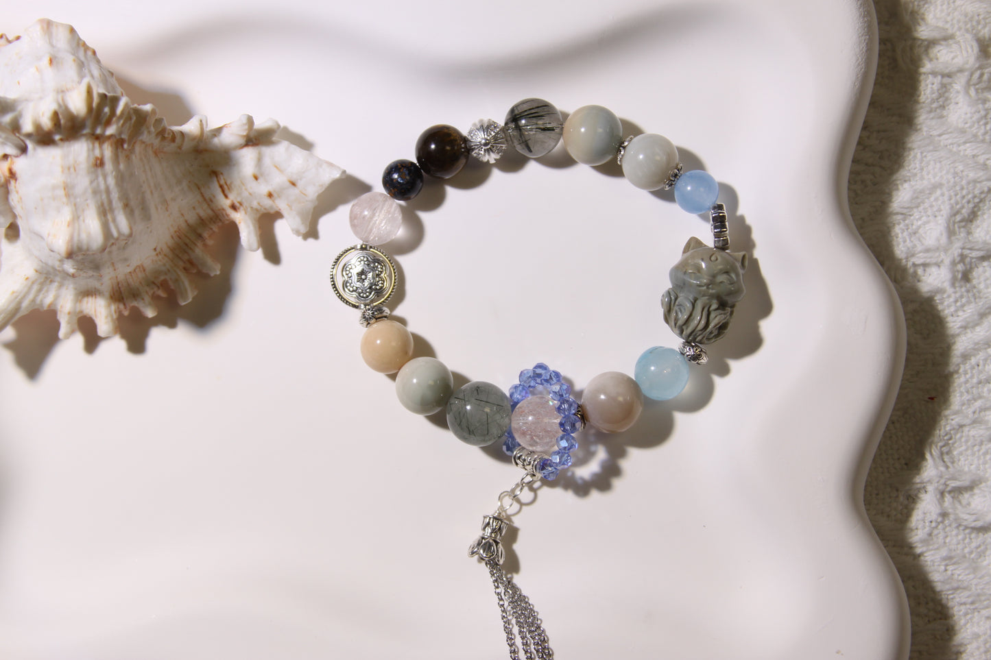 Harmonious Earth Gemstone Bracelet[Alashan Agate, Pink Apatite, Green Rutilated Quartz, Aquamarine, Yellow Tiger's Eye, Pietersite, and Blue Quartz]