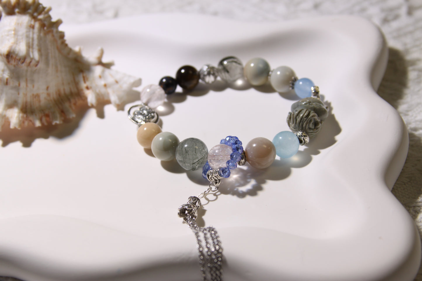 Harmonious Earth Gemstone Bracelet[Alashan Agate, Pink Apatite, Green Rutilated Quartz, Aquamarine, Yellow Tiger's Eye, Pietersite, and Blue Quartz]